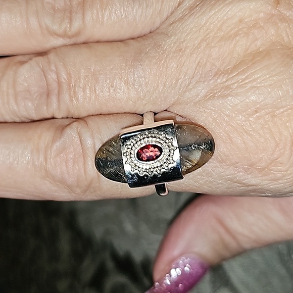 New Sterling Silver Chiastolite and garnet ring Size 9 - Picture 12 of 15